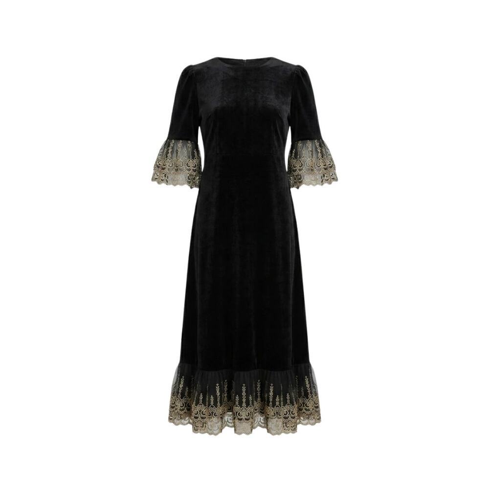 POMANDER PLACE Black Velvet Lillith Dress Gold Lace Trim Size S NWT
